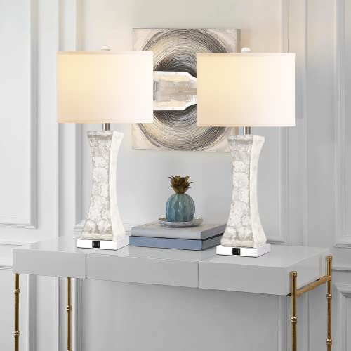 Set of 2 Touch Control Table Lamps, 28-inch Tall Coastal White Bedside Lamp with 2 USB Ports, 3-Way Dimmable Capiz Shell Nightstand Lamp with Drum Shade for Living Room, Bedroom (LED Bulbs Included)