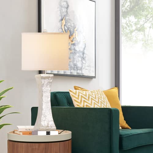 Set of 2 Touch Control Table Lamps, 28-inch Tall Coastal White Bedside Lamp with 2 USB Ports, 3-Way Dimmable Capiz Shell Nightstand Lamp with Drum Shade for Living Room, Bedroom (LED Bulbs Included)