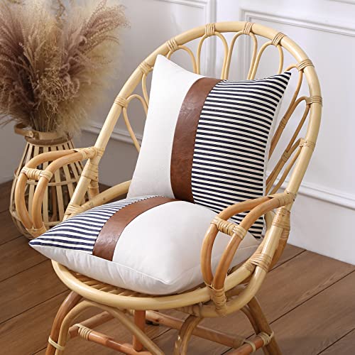 Mecatny Boho Throw Pillows 18x18 Set of 2 - Farmhouse Decorative Throw Pillows with Inserts Included - Brown Faux Leather Modern Stripe Patchwork Linen Accent Throw Pillows for Couch Bed Sofa, Navy