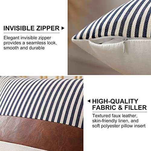 Mecatny Boho Throw Pillows 18x18 Set of 2 - Farmhouse Decorative Throw Pillows with Inserts Included - Brown Faux Leather Modern Stripe Patchwork Linen Accent Throw Pillows for Couch Bed Sofa, Navy