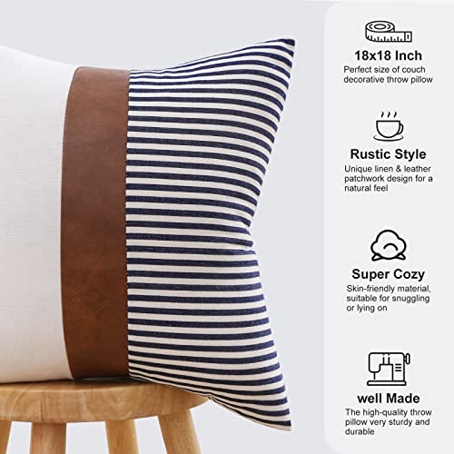 Mecatny Boho Throw Pillows 18x18 Set of 2 - Farmhouse Decorative Throw Pillows with Inserts Included - Brown Faux Leather Modern Stripe Patchwork Linen Accent Throw Pillows for Couch Bed Sofa, Navy