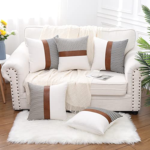 Mecatny Boho Throw Pillows 18x18 Set of 2 - Farmhouse Decorative Throw Pillows with Inserts Included - Brown Faux Leather Modern Stripe Patchwork Linen Accent Throw Pillows for Couch Bed Sofa, Navy