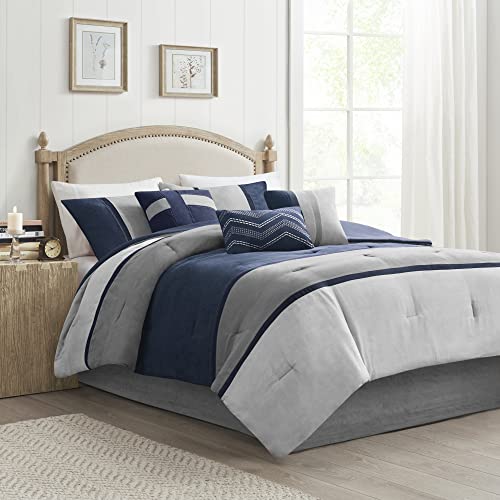 Madison Park Palisades Comforter Set Modern Faux Suede Pieced Stripe Design, All Season Down Alternative Cozy Bedding with Matching Shams, Decorative Pillows, Queen(90"x90"), Multicolor, 7pcs