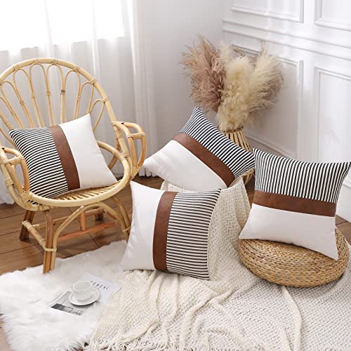 Mecatny Boho Throw Pillows 18x18 Set of 2 - Farmhouse Decorative Throw Pillows with Inserts Included - Brown Faux Leather Modern Stripe Patchwork Linen Accent Throw Pillows for Couch Bed Sofa, Navy
