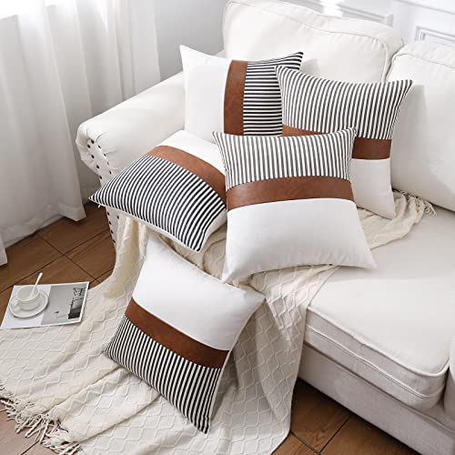 Mecatny Boho Throw Pillows 18x18 Set of 2 - Farmhouse Decorative Throw Pillows with Inserts Included - Brown Faux Leather Modern Stripe Patchwork Linen Accent Throw Pillows for Couch Bed Sofa, Navy