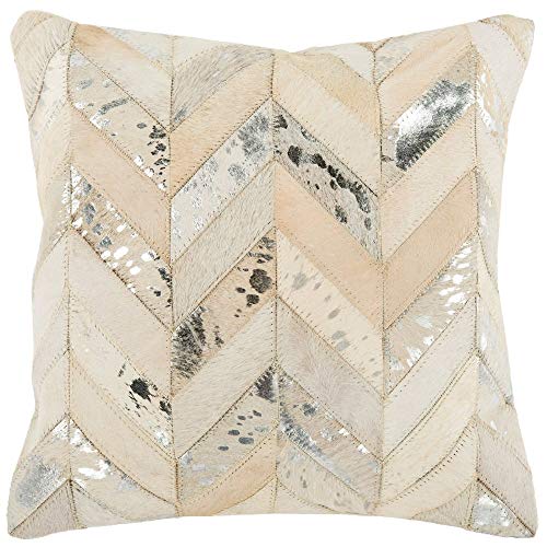 Safavieh Metallic Herringbone Cowhide Throw Pillow, 19"x19", White/Gold