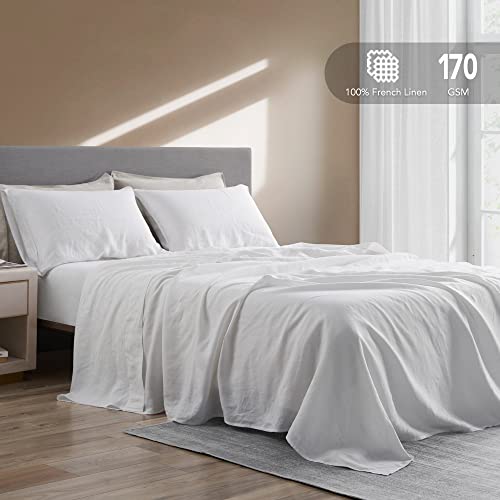 DAPU Pure Linen Sheets Set, 100% French Linen From Normandy, Breathable and Durable For Hot Sleepers, 4 Pcs Set - 1 Flat Sheet, 1 Fitted Sheet, 2 Pillowcases (White, Queen)
