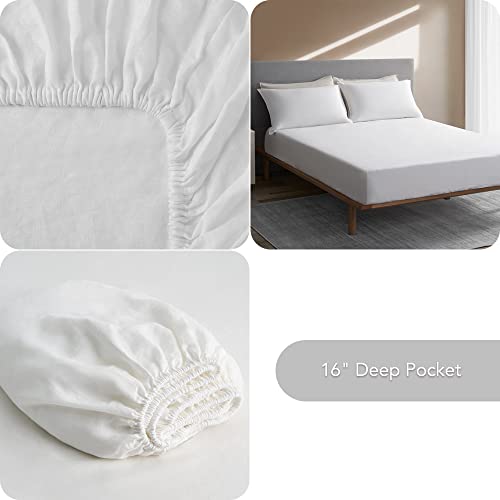 DAPU Pure Linen Sheets Set, 100% French Linen From Normandy, Breathable and Durable For Hot Sleepers, 4 Pcs Set - 1 Flat Sheet, 1 Fitted Sheet, 2 Pillowcases (White, Queen)