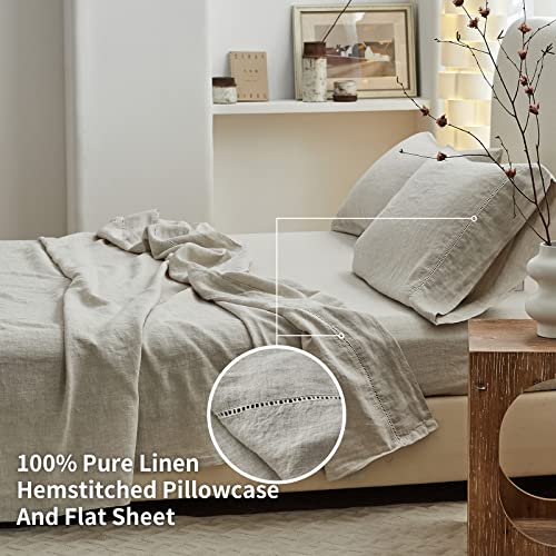 Simple&Opulence 100% Linen Hollow Hemstitch Sheet Set -4 Pieces European Flax Pure Washed Bed Sheets (1 Flat Sheet, 1 Fitted Sheet,2 Pillowcases) -Breathable and Soft (Hemstitch Linen, King)