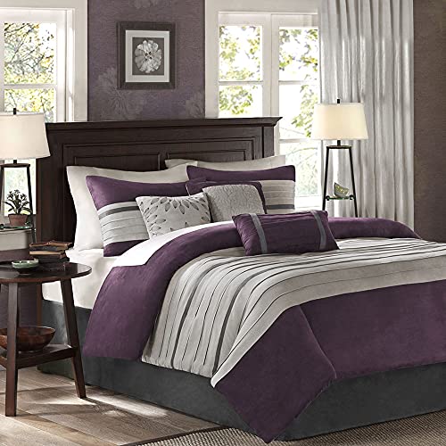 Madison Park Palmer Comforter Set - Faux Suede Design, Striped Accent, All Season Bedding, Shams, Decorative Pillow, Bed Skirt, Queen (90 in x 90 in), Purple 7 Piece