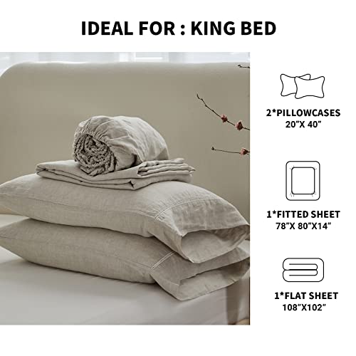 Simple&Opulence 100% Linen Hollow Hemstitch Sheet Set -4 Pieces European Flax Pure Washed Bed Sheets (1 Flat Sheet, 1 Fitted Sheet,2 Pillowcases) -Breathable and Soft (Hemstitch Linen, King)