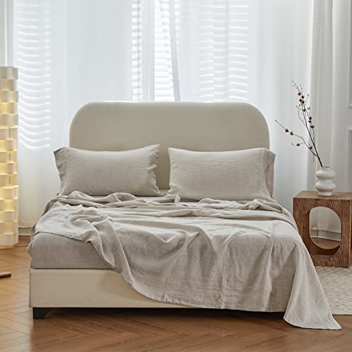 Simple&Opulence 100% Linen Hollow Hemstitch Sheet Set -4 Pieces European Flax Pure Washed Bed Sheets (1 Flat Sheet, 1 Fitted Sheet,2 Pillowcases) -Breathable and Soft (Hemstitch Linen, King)