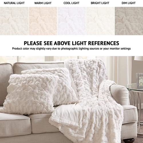 Comfort Spaces Ruched Faux Fur Plush 3 Piece Throw Blanket Set Ultra Soft Fluffy with 2 Square Pillow Covers, 50"x60", Ivory