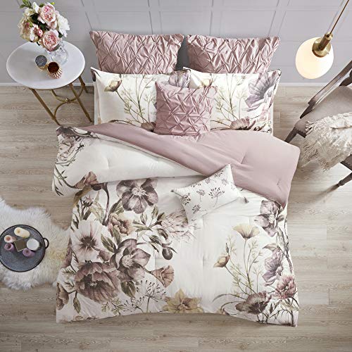 Madison Park Cassandra 100% Cotton Comforter Set - Feminine Design Colorful Floral Print, All Season Down Alternative Bedding Layer and Matching Shams, California King, Blush 8 Piece