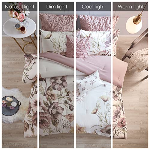 Madison Park Cassandra 100% Cotton Comforter Set - Feminine Design Colorful Floral Print, All Season Down Alternative Bedding Layer and Matching Shams, California King, Blush 8 Piece