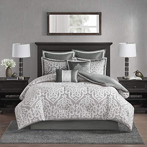 Madison Park Odette Cozy Comforter Set Jacquard Damask Medallion Design - Modern All Season, Down Alternative Bedding, Shams, Decorative Pillows, King(104 in x 92 in), Silver 8 Piece