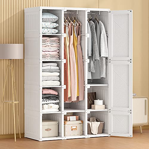 Portable Closet Clothes Wardrobe Plastic Bedroom Armoire 14"x20" Depth Cube Storage Organizer with Hanging Rod and Doors,15 Cubes, White (Door Accessories)