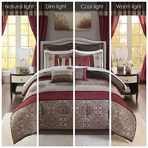 Madison Park Essentials Delaney 24-Piece Room In A Bag Comforter Set-Satin Jacquard, All Season Luxury Bedding, Sheets, decorative pillows and Curtains, Valance, King(104"x92"), Medallion Red