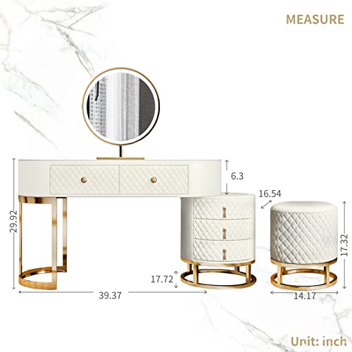 FUKAYI Women Dresser Table Vanity Corner Makeup Table Set Makeup with 5 Drawers Vanity Dressing Table with Lighted Mirror and Chair Makeup Vanity Benches Vanity Desk for Her, White