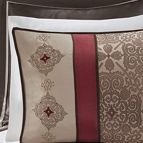 Madison Park Essentials Delaney 24-Piece Room In A Bag Comforter Set-Satin Jacquard, All Season Luxury Bedding, Sheets, decorative pillows and Curtains, Valance, King(104"x92"), Medallion Red