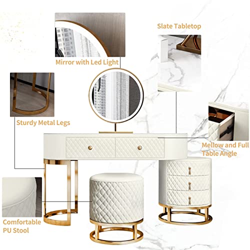 FUKAYI Women Dresser Table Vanity Corner Makeup Table Set Makeup with 5 Drawers Vanity Dressing Table with Lighted Mirror and Chair Makeup Vanity Benches Vanity Desk for Her, White