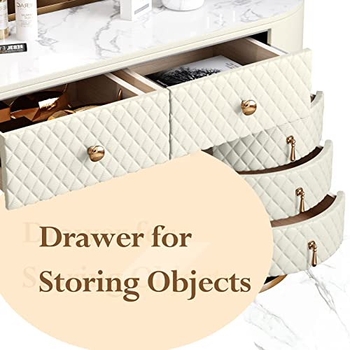 FUKAYI Women Dresser Table Vanity Corner Makeup Table Set Makeup with 5 Drawers Vanity Dressing Table with Lighted Mirror and Chair Makeup Vanity Benches Vanity Desk for Her, White
