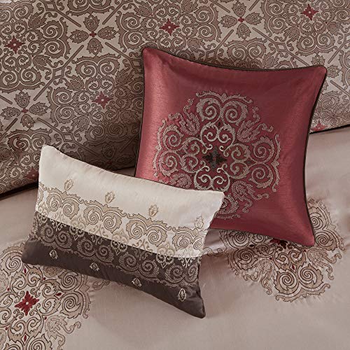 Madison Park Essentials Delaney 24-Piece Room In A Bag Comforter Set-Satin Jacquard, All Season Luxury Bedding, Sheets, decorative pillows and Curtains, Valance, King(104"x92"), Medallion Red