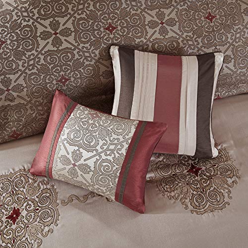 Madison Park Essentials Delaney 24-Piece Room In A Bag Comforter Set-Satin Jacquard, All Season Luxury Bedding, Sheets, decorative pillows and Curtains, Valance, King(104"x92"), Medallion Red