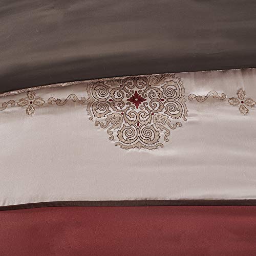 Madison Park Essentials Delaney 24-Piece Room In A Bag Comforter Set-Satin Jacquard, All Season Luxury Bedding, Sheets, decorative pillows and Curtains, Valance, King(104"x92"), Medallion Red