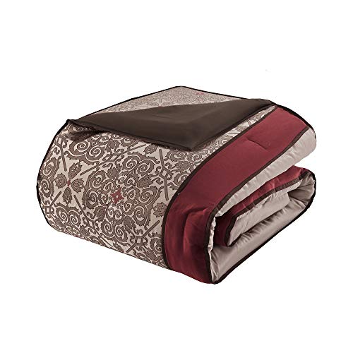 Madison Park Essentials Delaney 24-Piece Room In A Bag Comforter Set-Satin Jacquard, All Season Luxury Bedding, Sheets, decorative pillows and Curtains, Valance, King(104"x92"), Medallion Red