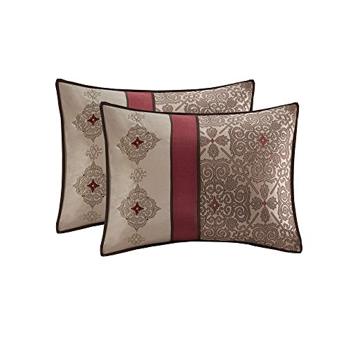 Madison Park Essentials Delaney 24-Piece Room In A Bag Comforter Set-Satin Jacquard, All Season Luxury Bedding, Sheets, decorative pillows and Curtains, Valance, King(104"x92"), Medallion Red