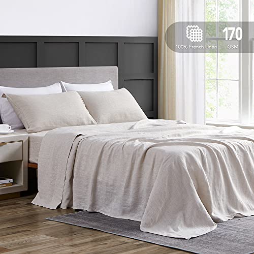 DAPU Pure Linen Sheets Set, 100% French Linen from Normandy, Breathable and Durable for Hot Sleepers, 4 Pcs Set - 1 Flat Sheet, 1 Fitted Sheet, 2 Pillowcases (Natural Linen, Queen)