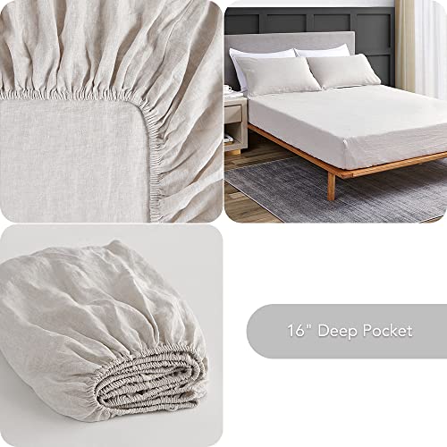 DAPU Pure Linen Sheets Set, 100% French Linen from Normandy, Breathable and Durable for Hot Sleepers, 4 Pcs Set - 1 Flat Sheet, 1 Fitted Sheet, 2 Pillowcases (Natural Linen, Queen)