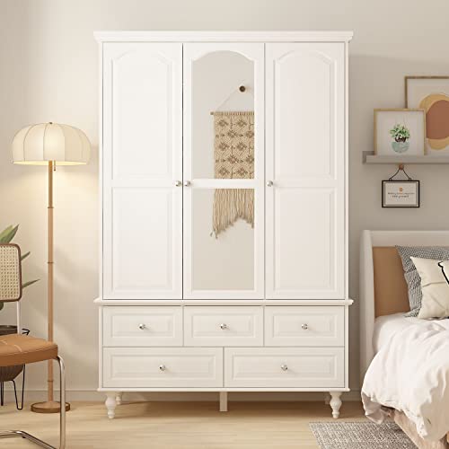 DiDuGo Large Bedroom Armoire with Mirror, Wardrobe Armoire Closet, Drawers and Shelves, Wooden Legs, Hanging Rod, for Bedroom White (47.2”W x 20”D x 70.9”H)