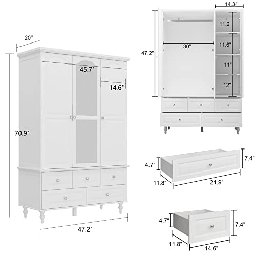 DiDuGo Large Bedroom Armoire with Mirror, Wardrobe Armoire Closet, Drawers and Shelves, Wooden Legs, Hanging Rod, for Bedroom White (47.2”W x 20”D x 70.9”H)