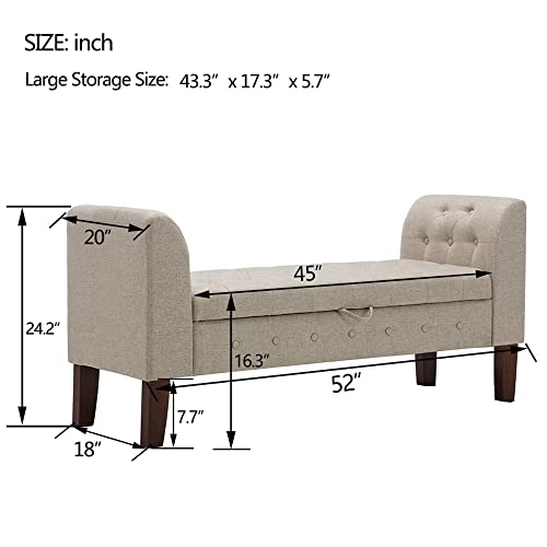 Awonde Upholstered Storage Bench with Arms Ottoman Bench for Bedroom Entryway Living Room Khaki