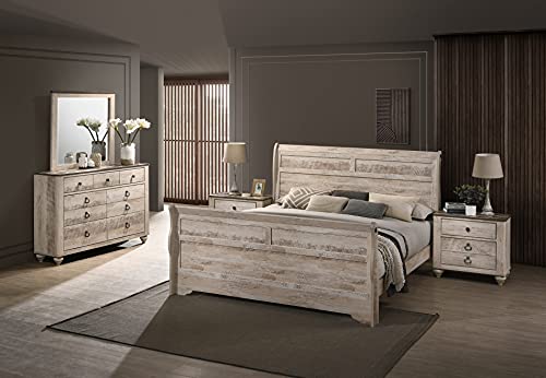 Roundhill Furniture Imerland Bed White-wash Finished 5-Piece Sleigh Headboard Bedroom Set, King