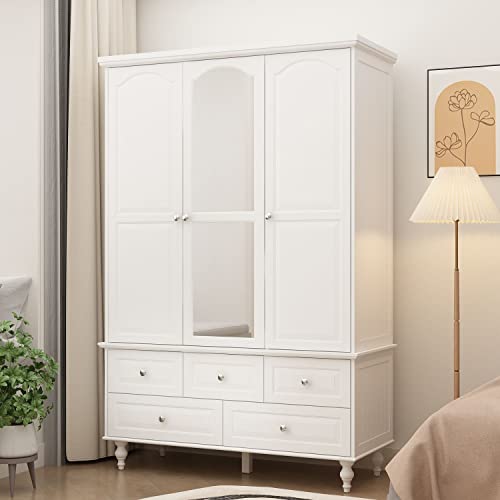 DiDuGo Large Bedroom Armoire with Mirror, Wardrobe Armoire Closet, Drawers and Shelves, Wooden Legs, Hanging Rod, for Bedroom White (47.2”W x 20”D x 70.9”H)