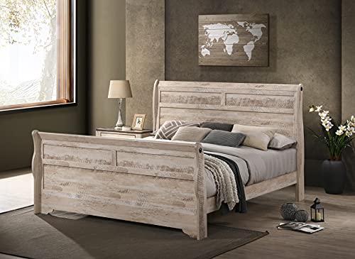 Roundhill Furniture Imerland Bed White-wash Finished 5-Piece Sleigh Headboard Bedroom Set, King