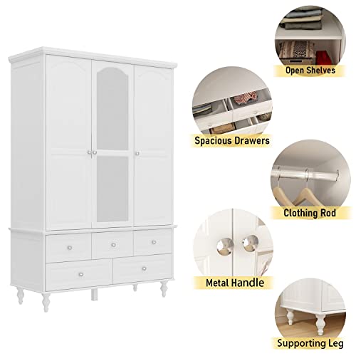 DiDuGo Large Bedroom Armoire with Mirror, Wardrobe Armoire Closet, Drawers and Shelves, Wooden Legs, Hanging Rod, for Bedroom White (47.2”W x 20”D x 70.9”H)