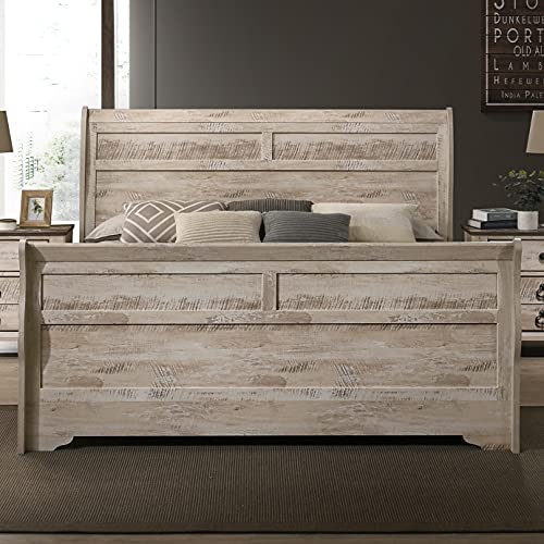 Roundhill Furniture Imerland Bed White-wash Finished 5-Piece Sleigh Headboard Bedroom Set, King