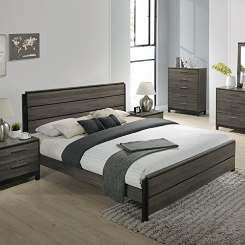 Roundhill Furniture Ioana Antique Grey Finish Wood Bed Room Set, King Size Bed, Dresser, Mirror, Night Stand