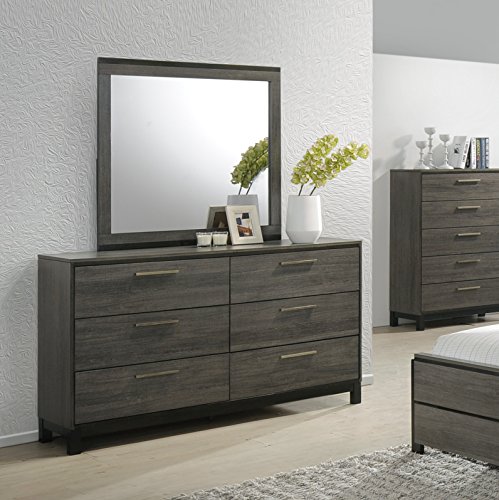 Roundhill Furniture Ioana Antique Grey Finish Wood Bed Room Set, King Size Bed, Dresser, Mirror, Night Stand