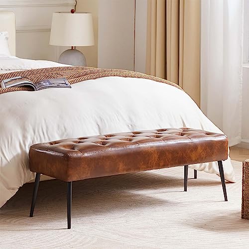 Duhome Button-Tufted Ottoman Bench, Upholstered Bedroom Benches Leather Footrest Stool Accent Bench for Entryway Dining Room Living Room Bedroom End of Bed, Yellowish Brown