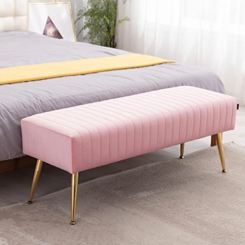 Furnimart 44 Inch Velvet Ottoman Bench, Modern Upholstered Bedroom Benches Footrest Stool Indoor Bench for Entryway Living Room Bedroom Dining Room (Velvet-Pink)