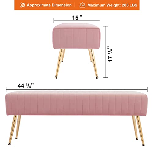 Furnimart 44 Inch Velvet Ottoman Bench, Modern Upholstered Bedroom Benches Footrest Stool Indoor Bench for Entryway Living Room Bedroom Dining Room (Velvet-Pink)