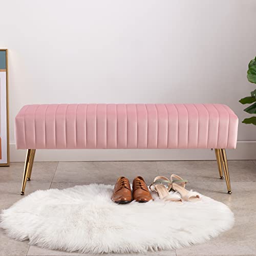 Furnimart 44 Inch Velvet Ottoman Bench, Modern Upholstered Bedroom Benches Footrest Stool Indoor Bench for Entryway Living Room Bedroom Dining Room (Velvet-Pink)
