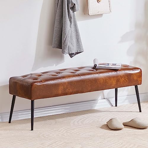 Duhome Button-Tufted Ottoman Bench, Upholstered Bedroom Benches Leather Footrest Stool Accent Bench for Entryway Dining Room Living Room Bedroom End of Bed, Yellowish Brown
