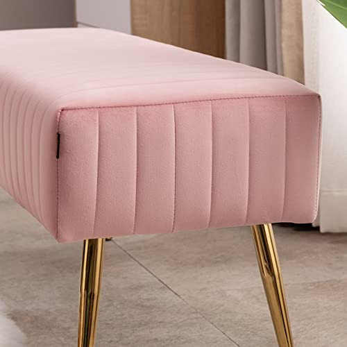 Furnimart 44 Inch Velvet Ottoman Bench, Modern Upholstered Bedroom Benches Footrest Stool Indoor Bench for Entryway Living Room Bedroom Dining Room (Velvet-Pink)