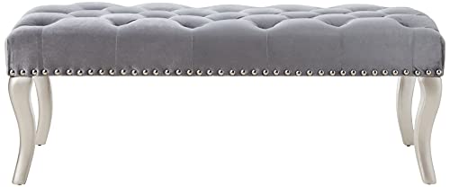 Roundhill Furniture Decor Maxem Tufted Fabric Upholstered Seat with Nailhead Trim Bench, Gray